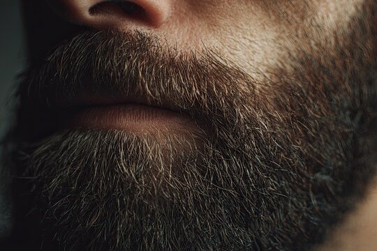 Extreme close-up of a thick, textured natural beard on a man's face showing individual hair strands