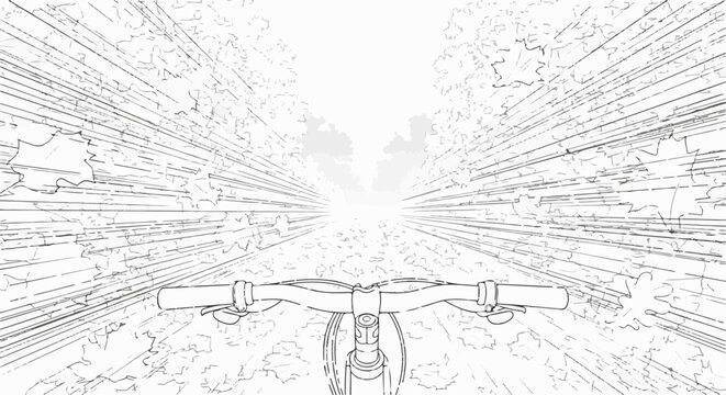 Perspective view of bicycle handlebars and a path through a stylized forest