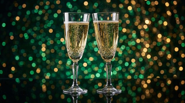 Elegant crystal champagne flutes filled with sparkling wine resting upon dark reflective surfaces surrounded by magical emerald green bokeh.