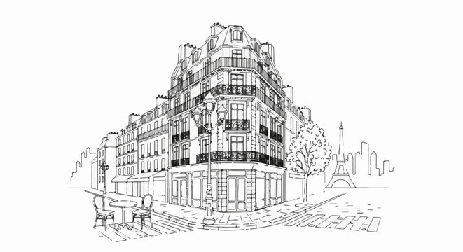 Sketch of a European street corner with a historic building and distant landmark