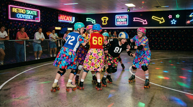 A group of grandmothers in floral dresses aggressively playing a game of roller derby in a retro 1980s skating rink, neon lighting