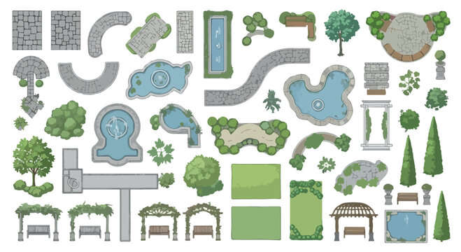 Landscape design elements vector set, garden architecture icons with stone paths and ponds, outdoor park planning kit with trees and gazebos