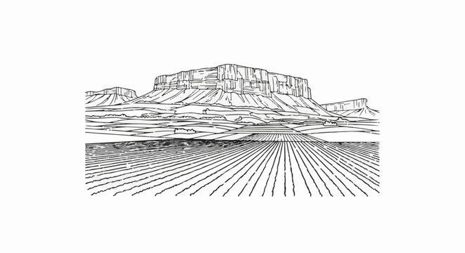 Stylized drawing of a layered mesa with striped fields in the foreground