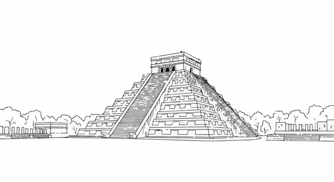 Stylized black and white drawing of an ancient pyramid with surrounding structures and trees