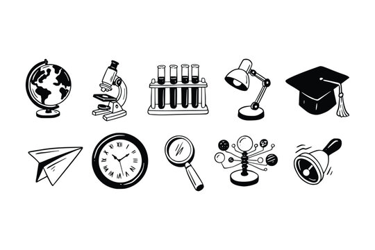 Hand drawn black and white education icons: globe, microscope, test tubes, lamp, graduation cap, paper airplane, wall clock, magnifying glass, solar system model, and school bel