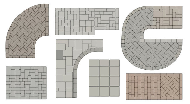 Paving stone patterns and brick walkway textures, set of 7 architectural vector elements, grey concrete patio tiles and cobblestone floor layouts