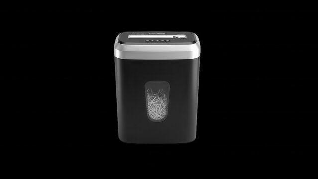 A black and silver paper shredder machine with a transparent viewing window showing shredded paper strips, isolated on a black background