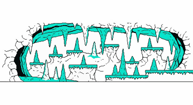 Pixelated icy cave with teal stalactites and platforms in a game
