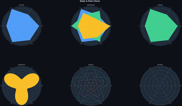 Set of ten colorful radar and polar charts for data visualization and business infographics on white background