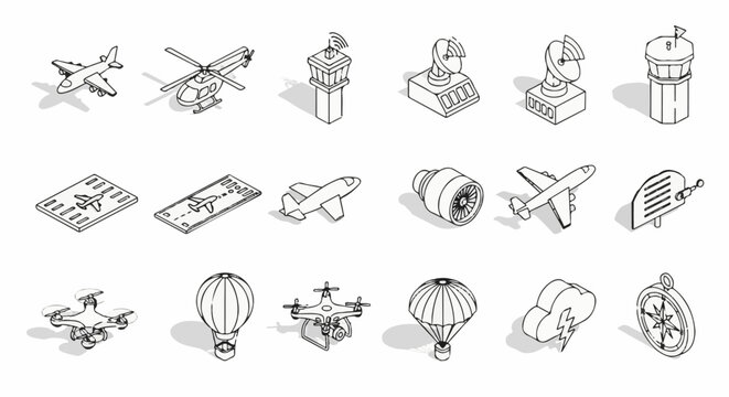 Collection of isometric aviation and transport icons