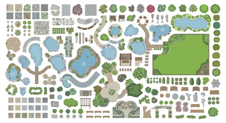 Landscape design elements kit, architectural garden plan symbols for site mapping, outdoor park and backyard vector icons for site planning © DEVDASS
