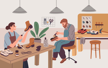 Fototapeta premium Shoe workshop. Craftsmen repair and create footwear, boots sewing, polishing, people in aprons pierce skin, glue soles, professionals artisan work, garish vector cartoon isolated concept