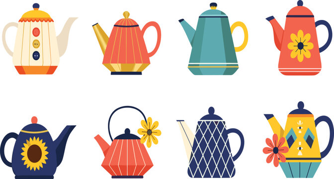 Colorful Teapot Collection Featuring Modern and Decorative Kettles with Geometric and Floral Designs in Flat Style for Kitchen, Cafe, and Beverage Illustration Projects.