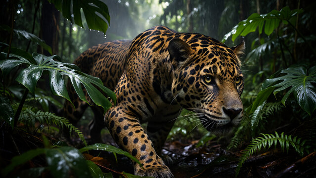 Jaguar in rainforest looking at camera in natural habitat (Jaguar na floresta tropical olhando para a c&acirc;mera em seu habitat natural.)