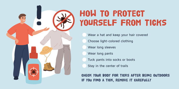 Tick safety. Instructions for prevention and protection against parasitic insects in nature, carriers of diseases recommendation, infographics banner design garish vector cartoon concept