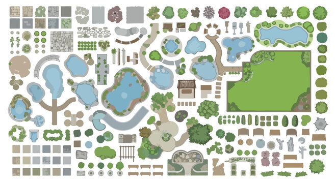Landscape design elements kit, architectural garden plan symbols for site mapping, outdoor park and backyard vector icons for site planning