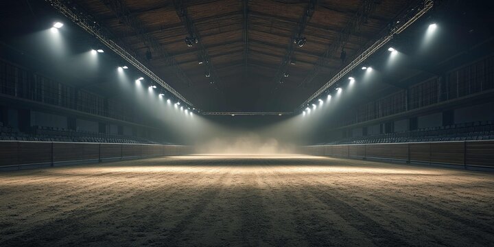 An empty dirt arena with smoke, lights, and spotlights.