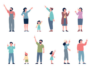 Obraz premium People point upwards. Men women children point up. Adults kids looking with interest and curiosity, studying something up above, recent vector characters
