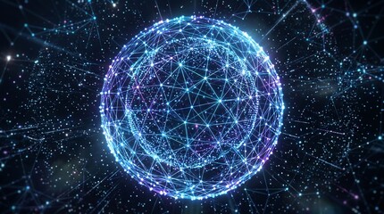 Obraz premium A glowing blue and purple network sphere floats in a dark space filled with sparkling stars and lines.