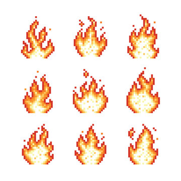 Pixel fire flame. Game fires effects, 8 16 bit style ui ux graphics. Retro computer gaming assets, pixel icons. Burning campfire, torch flames, tidy vector set