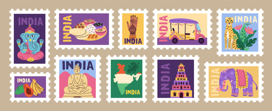 India travel cards. Postage stamps with attractions, cultural sites, traditional national patterns and cuisine, eastern country food, animals and transport, garish vector cartoon flat set