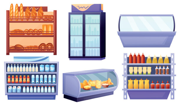 Cartoon supermarket shelves. Grocery store furniture, shelf with bread and buns, sauces, fridges with dairy, cheese, creams, nowaday vector clipart