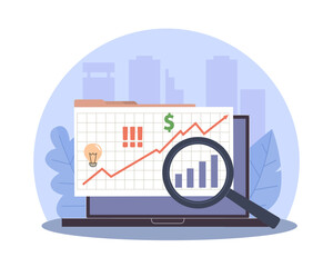 Obraz premium Data analysis. Histogram, growth charts on laptop screen, business development, strategic planning and tracking and indicators for presentation, data review, vector cartoon isolated concept