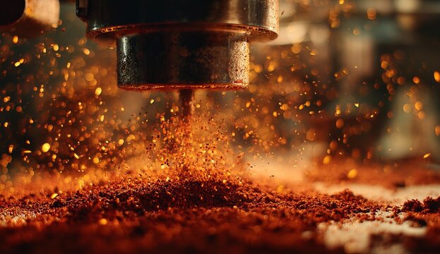 Close-up of Coffee Grinder in Action with Flying Coffee Grounds.