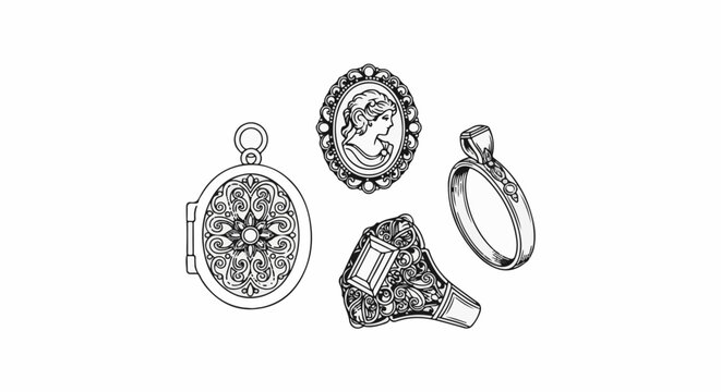 Ornate vintage jewelry designs locket, cameo, and two rings