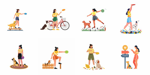 Fototapeta premium A collection of illustrations depicting a young woman playing with various dog breeds and frisbees in different outdoor park and garden settings.