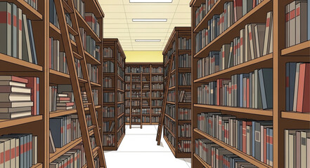 Long aisle of tall wooden bookshelves filled with books in a library. © Pras