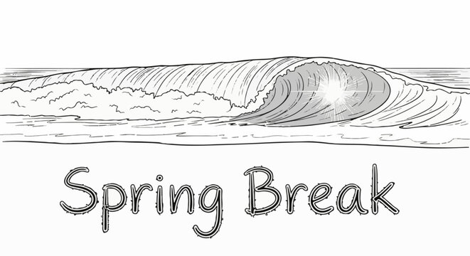 Ocean wave cresting with sunburst and "Spring Break" text below in outline font