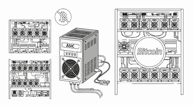 Illustration of cryptocurrency mining equipment with fans and digital displays
