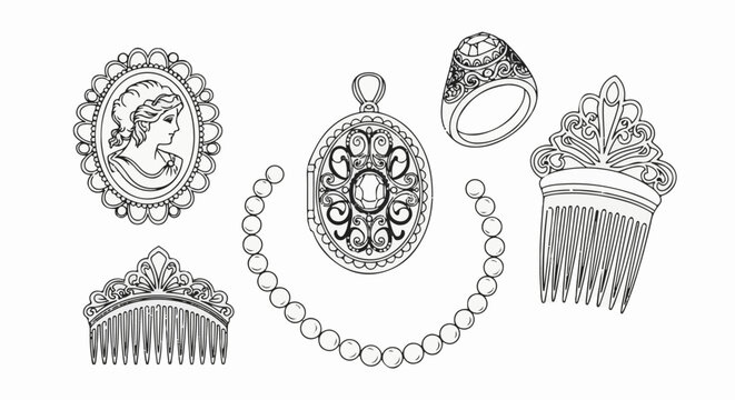 Intricate vintage jewelry illustrations cameo, locket, ring, combs, and pearls
