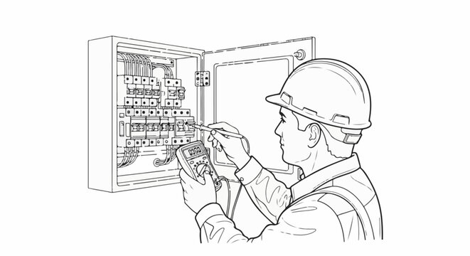 Electrician in hard hat inspecting electrical panel with multimeter