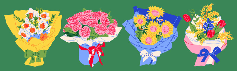 Plakat Beautiful Bouquets of Narcissus, Roses, Sunflowers, Tulips. Spring fresh flowers wrapped in gift paper with ribbon. Hand drawn trendy Vector illustration. Isolated design elements