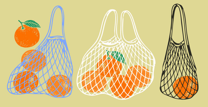 Delicious juicy orange tangerine mandarin satsuma fruit. Whole fruit in net bags set. Hand drawn trendy Vector illustration. Isolated design elements. Tasty, healthy food concept