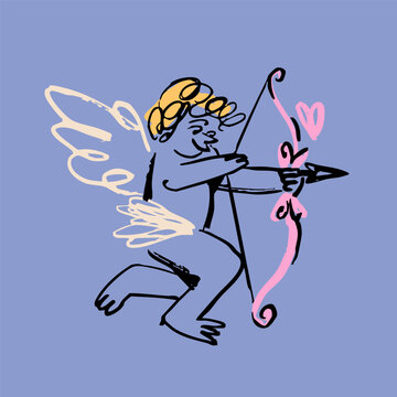 Cupid with bow, arrow, heart. Cute little winged character. Hand drawn Vector illustration. Isolated design element. Valentine's Day, romance, love concept. Quirky, crayon, childish style