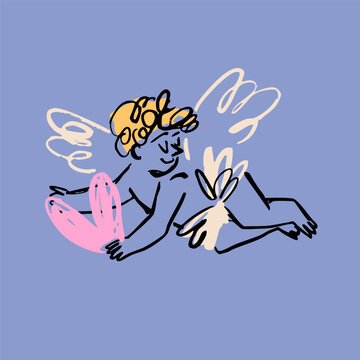Cupid with big heart. Cute little winged flying character. Hand drawn Vector illustration. Isolated design element. Valentine's Day, romance, love concept. Quirky, crayon, childish style