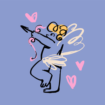 Cupid with bow, arrow, hearts. Cute little winged character. Hand drawn Vector illustration. Isolated design element. Valentine's Day, romance, love concept. Quirky, crayon, childish style