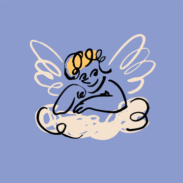 Cupid lays on cloud. Cute little winged character. Hand drawn Vector illustration. Isolated design element. Valentine's Day, romance, love concept. Quirky, crayon, childish style