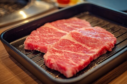 Marbled Beef Slices on Grill Tray - A Culinary Delight.