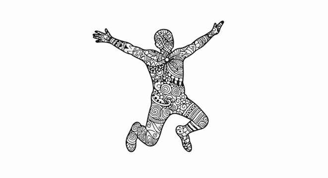 Silhouette of person jumping with intricate floral and geometric patterns