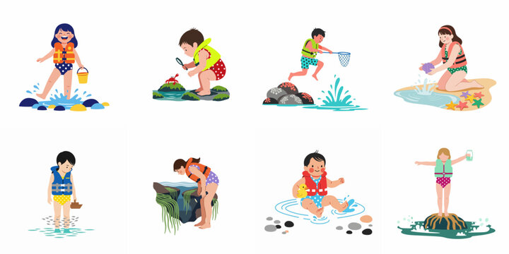 Collection of flat vector illustrations featuring children in life jackets exploring tide pools and playing by the sea during summer vacation.