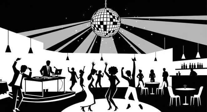 Nightclub Dance Floor Scene with People and Disco Ball.