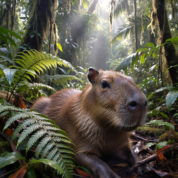 Capybara in tropical rainforest with sunlight rays (Capivara na floresta tropical sob raios de sol)