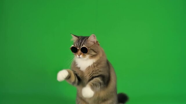 Cat Dances Playfully with Sunglasses on Green Screen for Entertainment Content