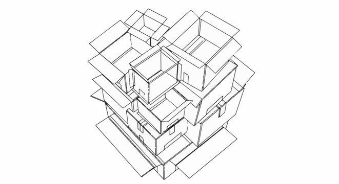 Wireframe illustration of stacked cardboard boxes in an isometric perspective