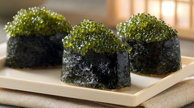 Fresh umi budo sushi gunkan topped with green sea grapes