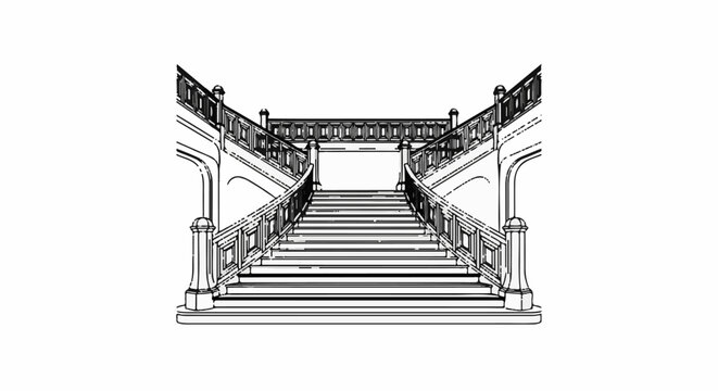 Ornate double staircase with carved balusters and landings, sketch